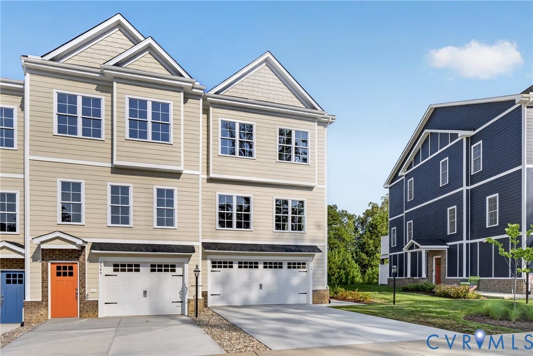 6549 Hardee Haven Place, Midlothian, VA 23112 Three-story exterior with light-colored siding, multiple windows, and a two-car garage