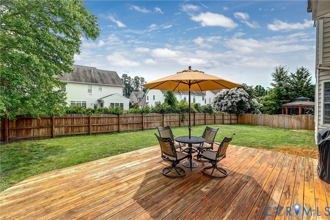 Expansive backyard featuring a wood deck, manicured lawn, and privacy fencing