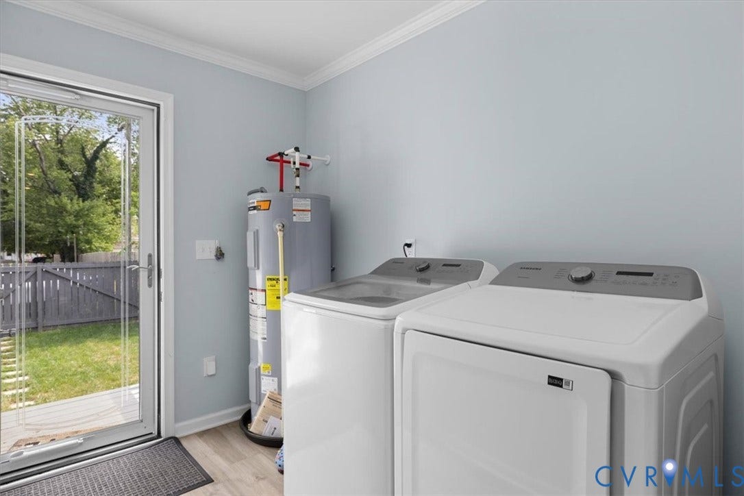 Laundry area featuring a large water heater and light wood-finish flooring