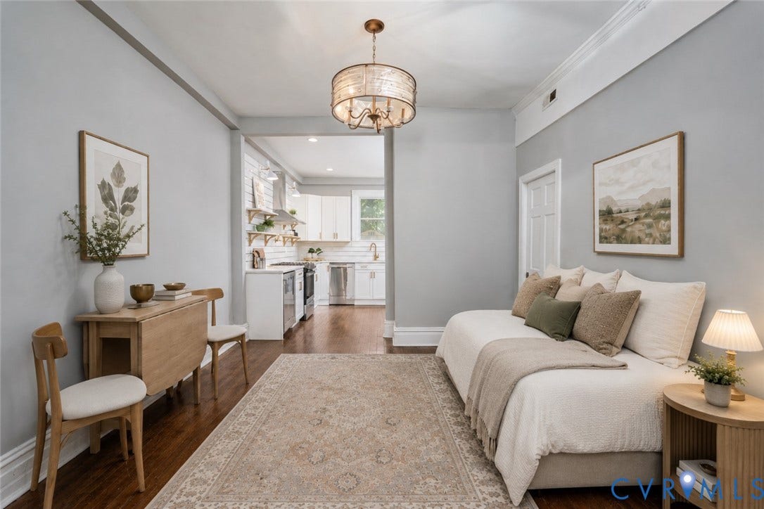1906 W Main Street, Fan District, Richmond, VA 23220 AI-generated rendering illustrating the dining room's potential as a studio-style living space.