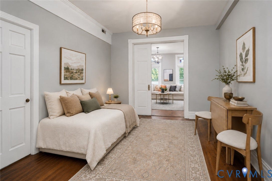 1906 W Main Street, Fan District, Richmond, VA 23220 AI-generated rendering illustrating the dining room's potential as a studio-style living space.