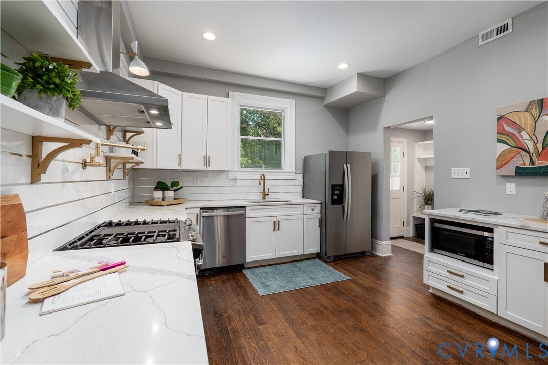 1906 W Main Street, Fan District, Richmond, VA 23220 Quartz countertops, tile backsplash, and updated finishes create a stylish, functional kitchen.