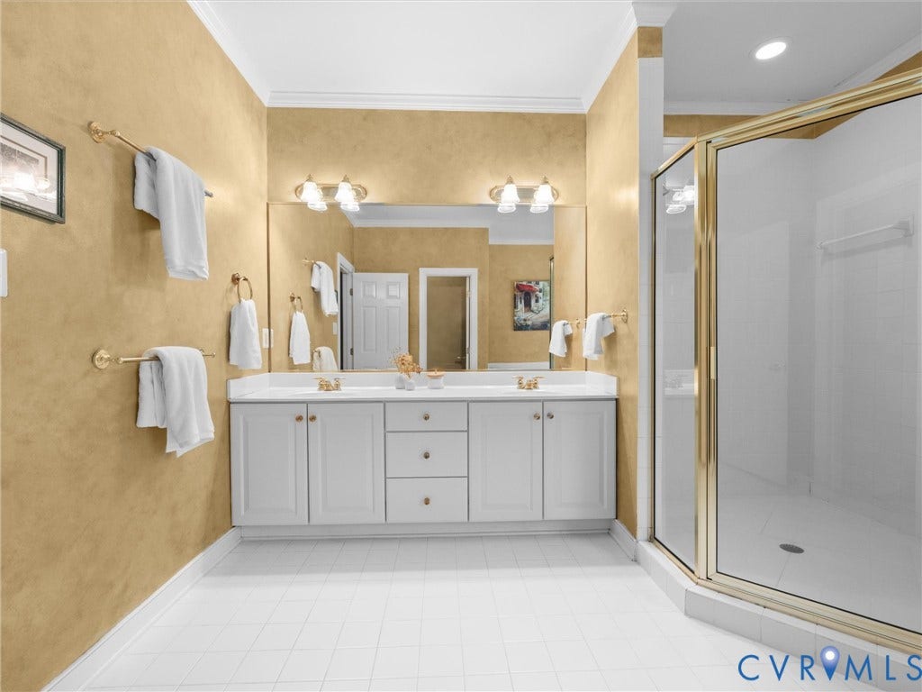 15706 Fox Marsh Drive, Moseley, VA 23120 Dual vanity with white cabinetry, gold-finish hardware, and integrated sinks