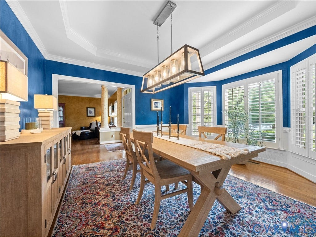 15706 Fox Marsh Drive, Moseley, VA 23120 Tray ceiling with crown molding, bay window with plantation shutters, wood-finish flooring, and a rectangular light fixture