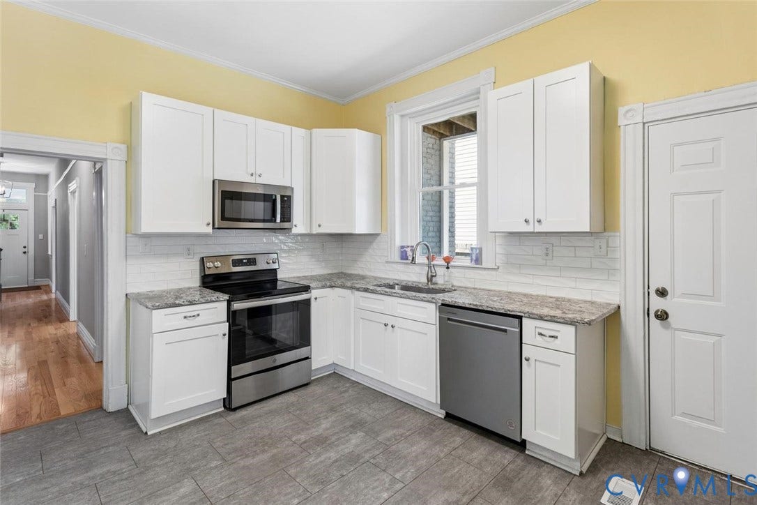 313 W 27th Street, Richmond, VA 23225 Kitchen featuring white cabinetry, gray stone-finish countertops, stainless steel appliances, and subway tile backsplash