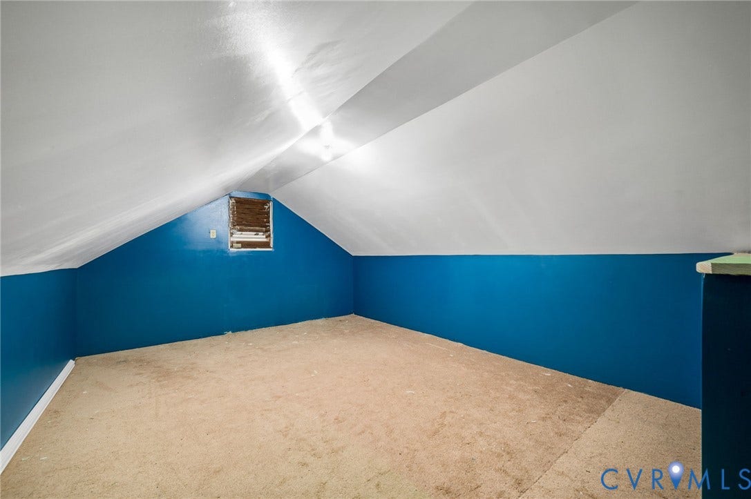 4820 Cedar Cliff Road, Chester, VA 23831 Carpeted flooring with sloped white ceilings and blue lower walls