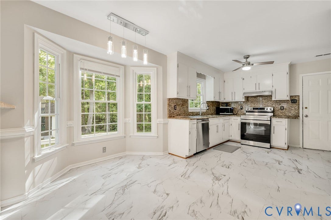 4820 Cedar Cliff Road, Chester, VA 23831 Kitchen featuring white cabinetry, stone-finish countertops, stainless steel appliances, and a marble-look floor