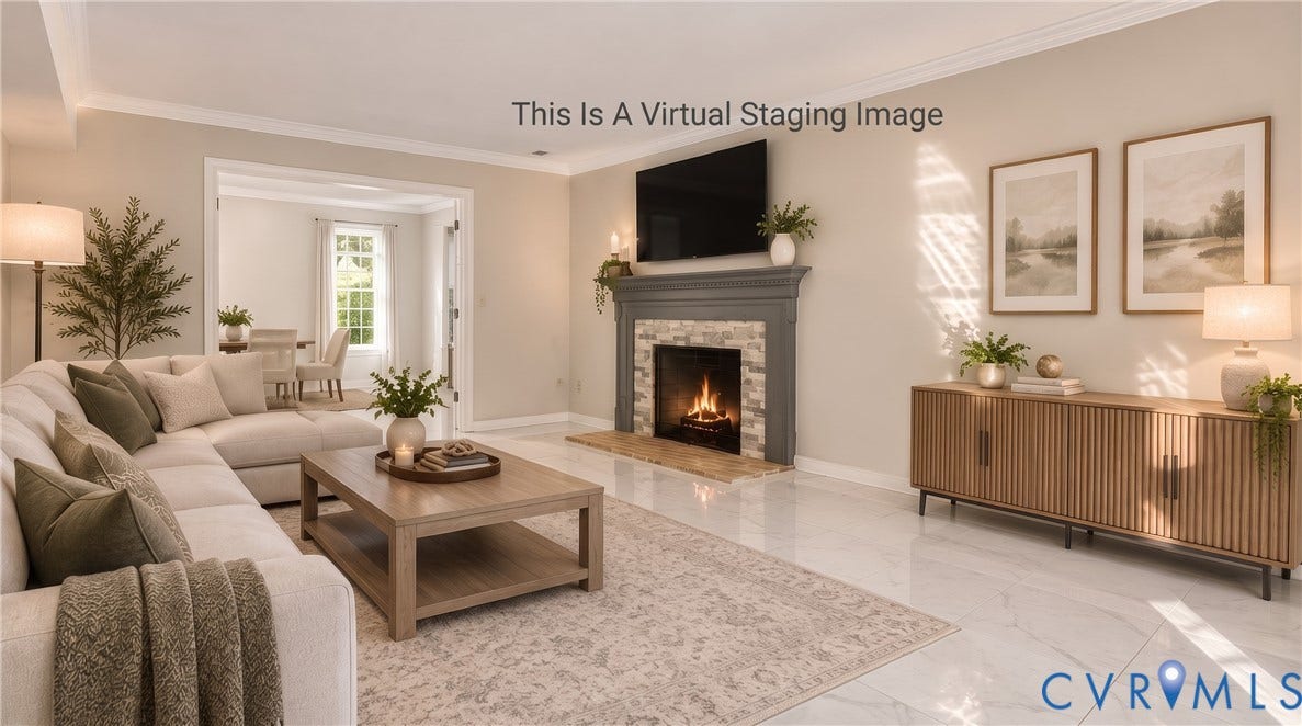 4820 Cedar Cliff Road, Chester, VA 23831 White tile flooring, a fireplace featuring a stone surround and gray mantel, crown molding, and a cased opening
