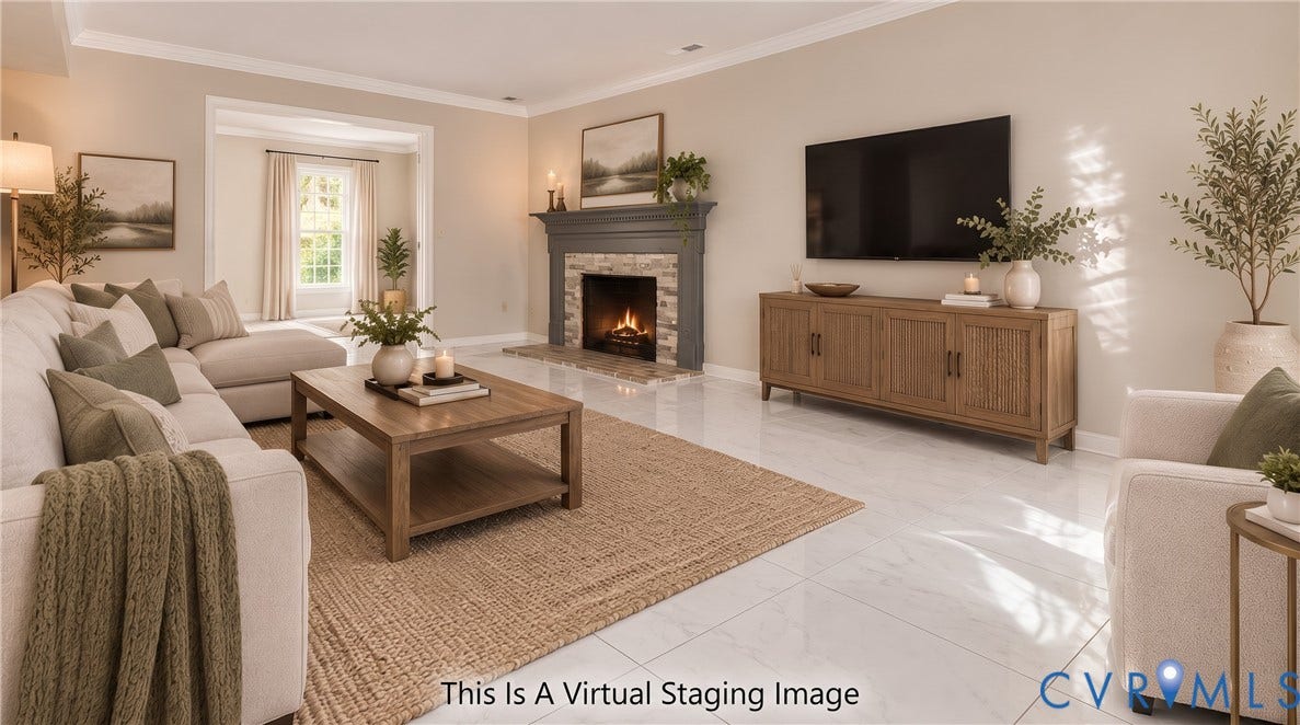 4820 Cedar Cliff Road, Chester, VA 23831 White tile flooring, fireplace with stone surround, dark wood mantel, and crown molding