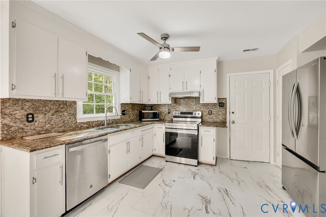 4820 Cedar Cliff Road, Chester, VA 23831 Kitchen featuring white cabinetry, granite countertops, stainless steel appliances, and a ceiling fan