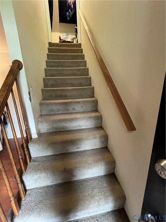 4202 Kempwood Court, Chesterfield, VA 23832 Carpeted staircase with a wood handrail