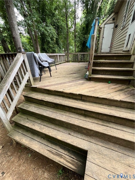 4202 Kempwood Court, Chesterfield, VA 23832 Expansive wood deck with a full railing system, multiple staircases, and a built-in storage area