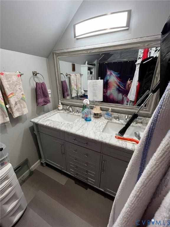 4202 Kempwood Court, Chesterfield, VA 23832 Dual vanity with gray cabinetry, white countertop, and integrated sinks