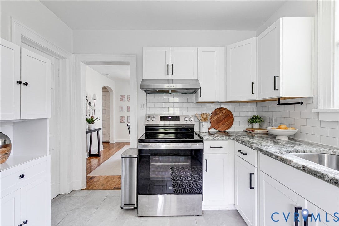 3215 Detroit Avenue, Richmond, VA 23222 White shaker-style cabinetry, stainless steel range with overhead hood, subway tile backsplash, light-toned countertops, and a stainless steel sink