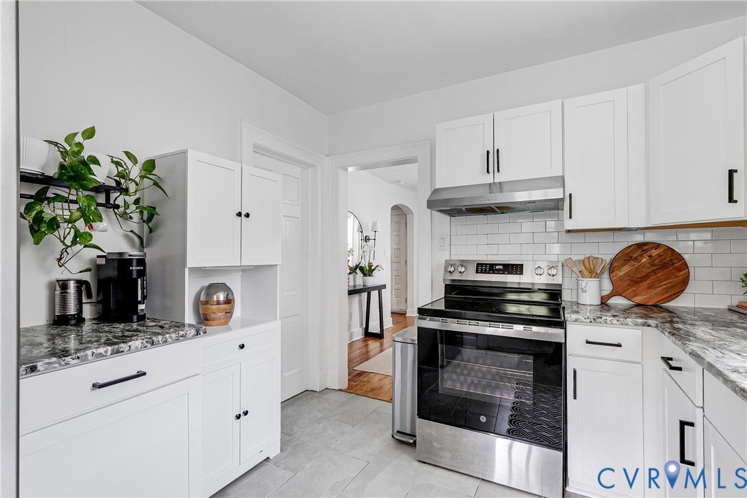 3215 Detroit Avenue, Richmond, VA 23222 White cabinetry, stainless steel appliances, subway tile backsplash, and light-toned flooring