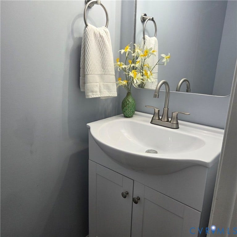 3241 Ransom Hills Road, Chesterfield, VA 23237 White vanity with cabinet storage, integrated basin, and brushed nickel faucet