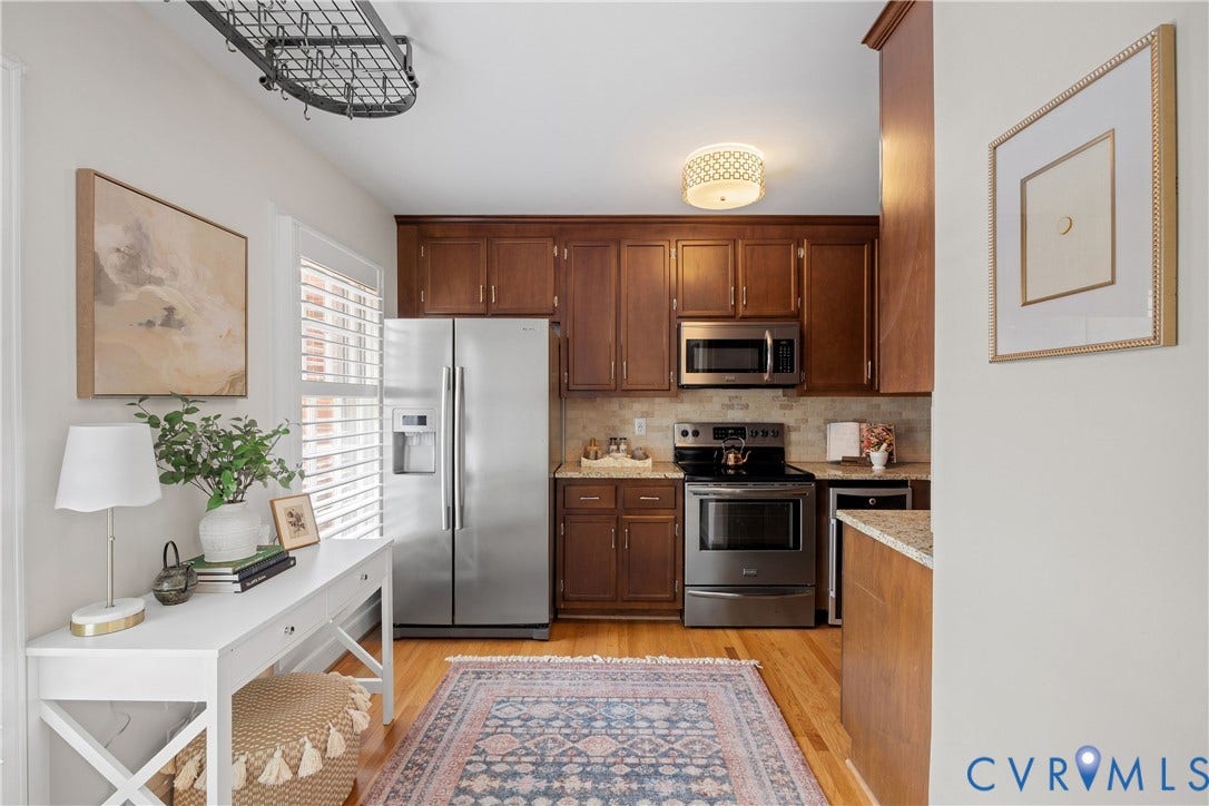 300 N Ridge Road, #97, Henrico, VA 23229 Light-filled kitchen features two front windows with plantation shutters.