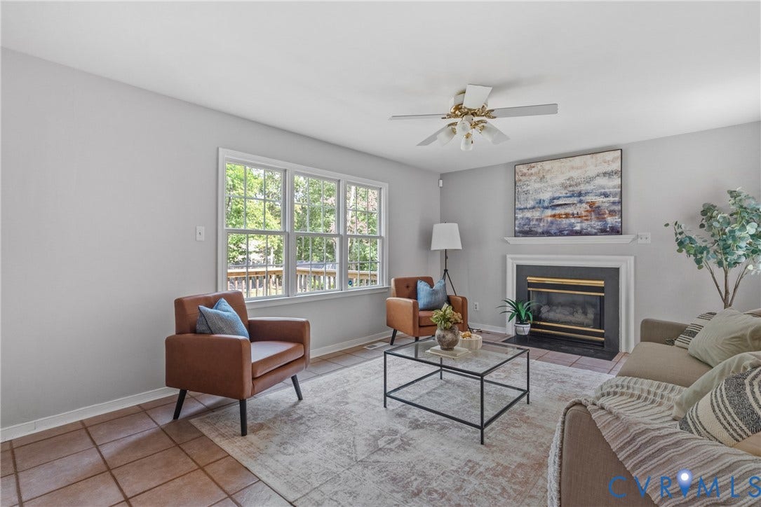 3242 Sherwood Ridge Drive, Powhatan, VA 23139 Recessed fireplace with white mantel, ceiling fan with integrated lighting, multiple pane windows, and tiled flooring