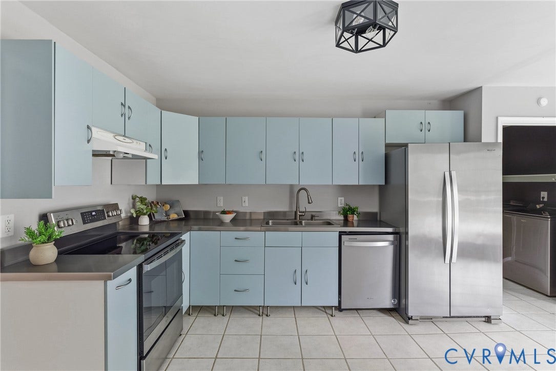 3242 Sherwood Ridge Drive, Powhatan, VA 23139 Kitchen featuring stainless steel appliances, light blue cabinetry, geometric flush-mount lighting, and square floor tiling