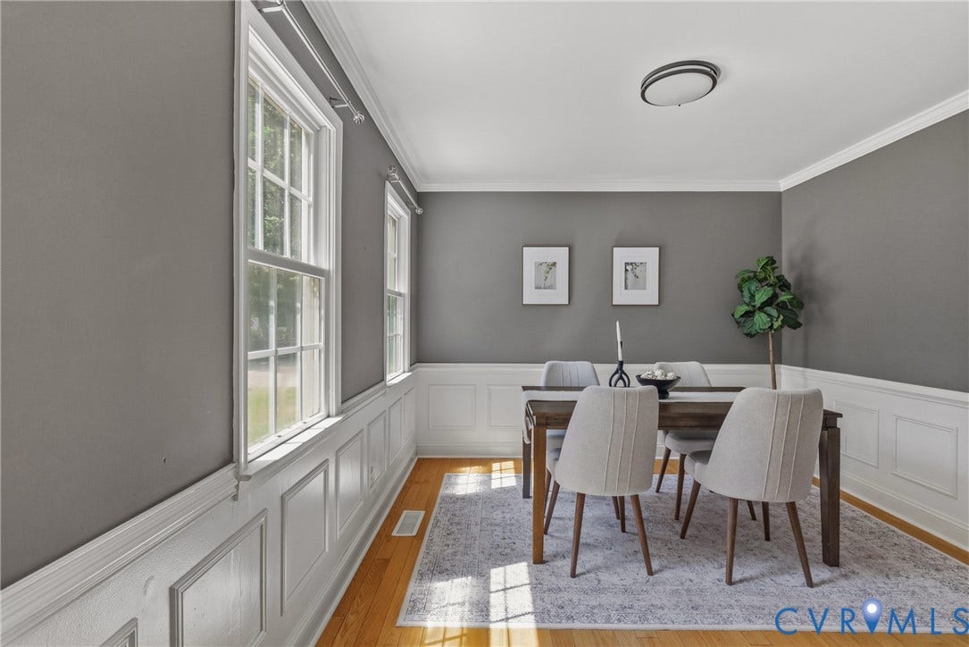 3242 Sherwood Ridge Drive, Powhatan, VA 23139 Hardwood flooring, crown molding, white wainscoting, double-hung windows, and a flush mount ceiling light