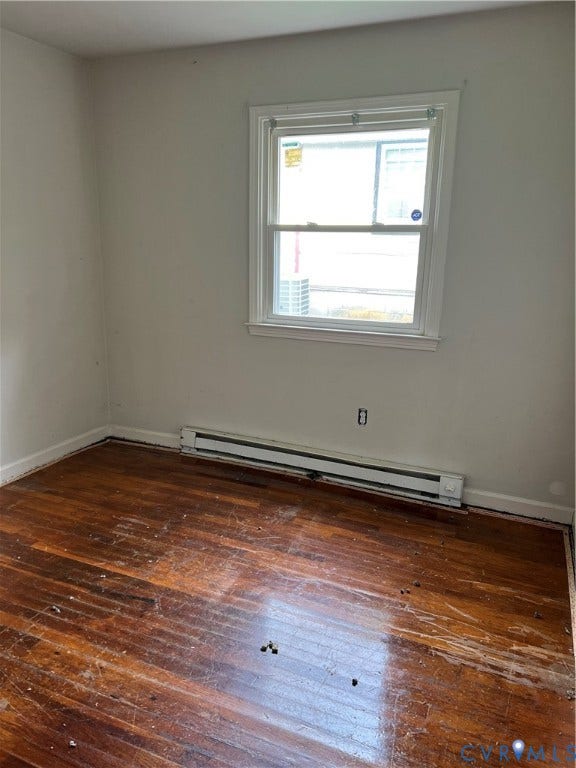 5429 Blueridge Avenue, Fulton, Richmond, VA 23231 Wood flooring, white painted walls, single window with white trim, and a baseboard heating unit