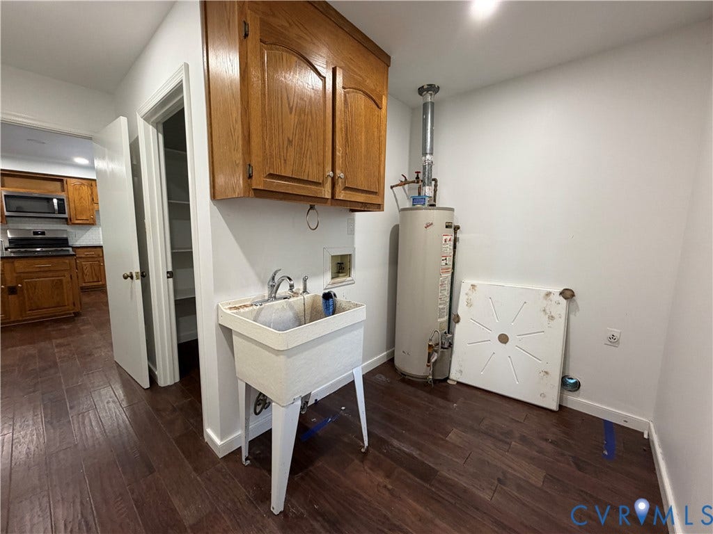 4603 Edenton Place, Greenbriar, Chester, VA 23831 Utility area featuring wood-finish flooring, overhead cabinetry, a utility sink, and a water heater