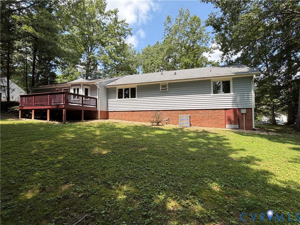 4603 Edenton Place, Greenbriar, Chester, VA 23831 Spacious ranch-style home featuring a brick foundation, horizontal siding exterior, and a covered deck with wood railings