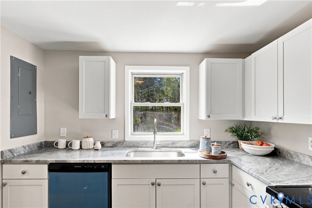 16111 Walkers Mill Road, Stony Creek, VA 23832 White shaker-style cabinetry, stainless steel sink, built-in dishwasher, and gray patterned countertops