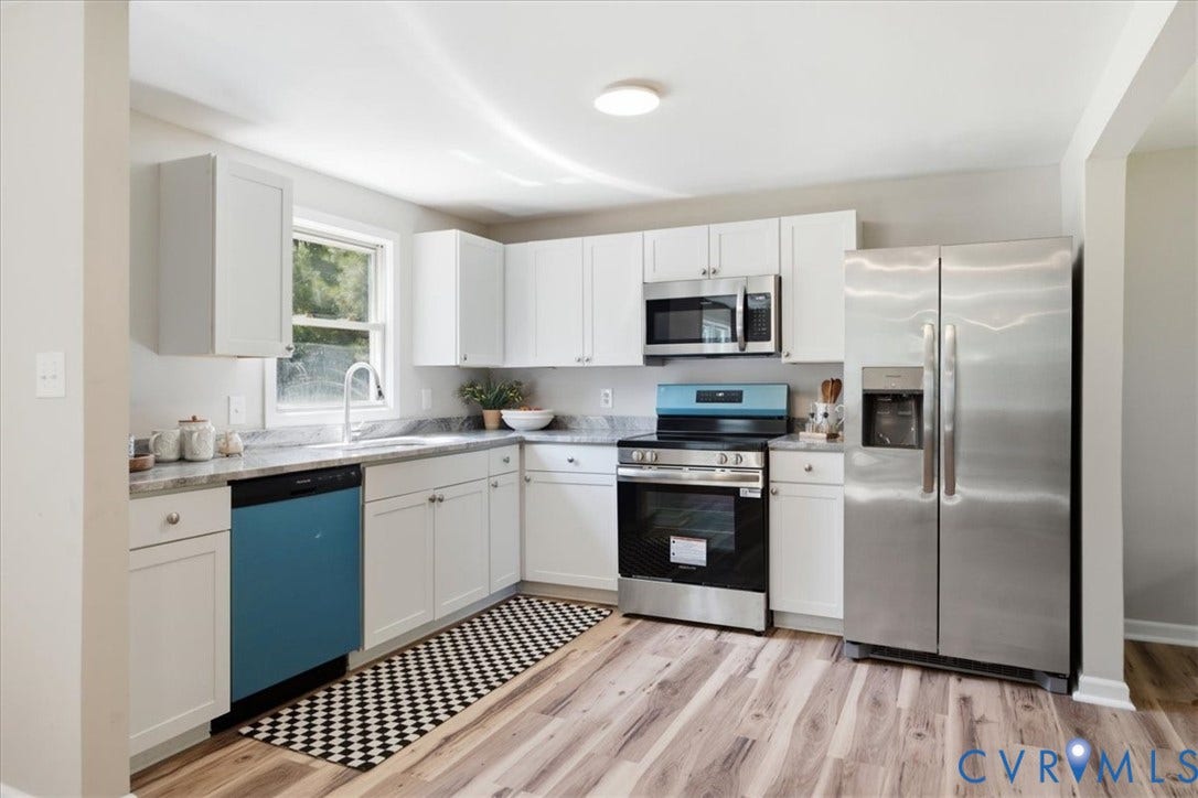 16111 Walkers Mill Road, Stony Creek, VA 23832 Modern kitchen with white cabinetry, stainless steel appliances, wood-finish flooring, and a window above the sink