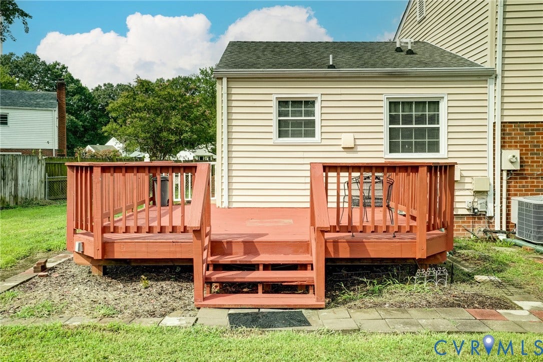 10104 Terry Court, Henrico, VA 23228 Rear exterior featuring a wooden deck with railing, siding, brickwork, and a sloped roof