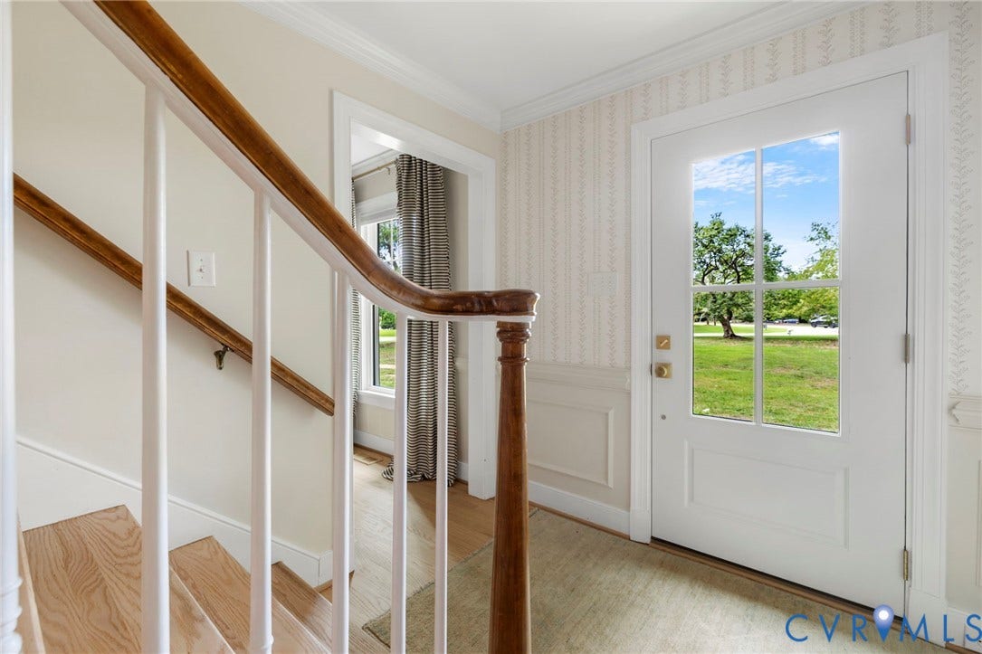 13531 W Salisbury Road, Salisbury, Midlothian, VA 23113 Hardwood stairs with white risers, wood-finish railing, and wainscoting