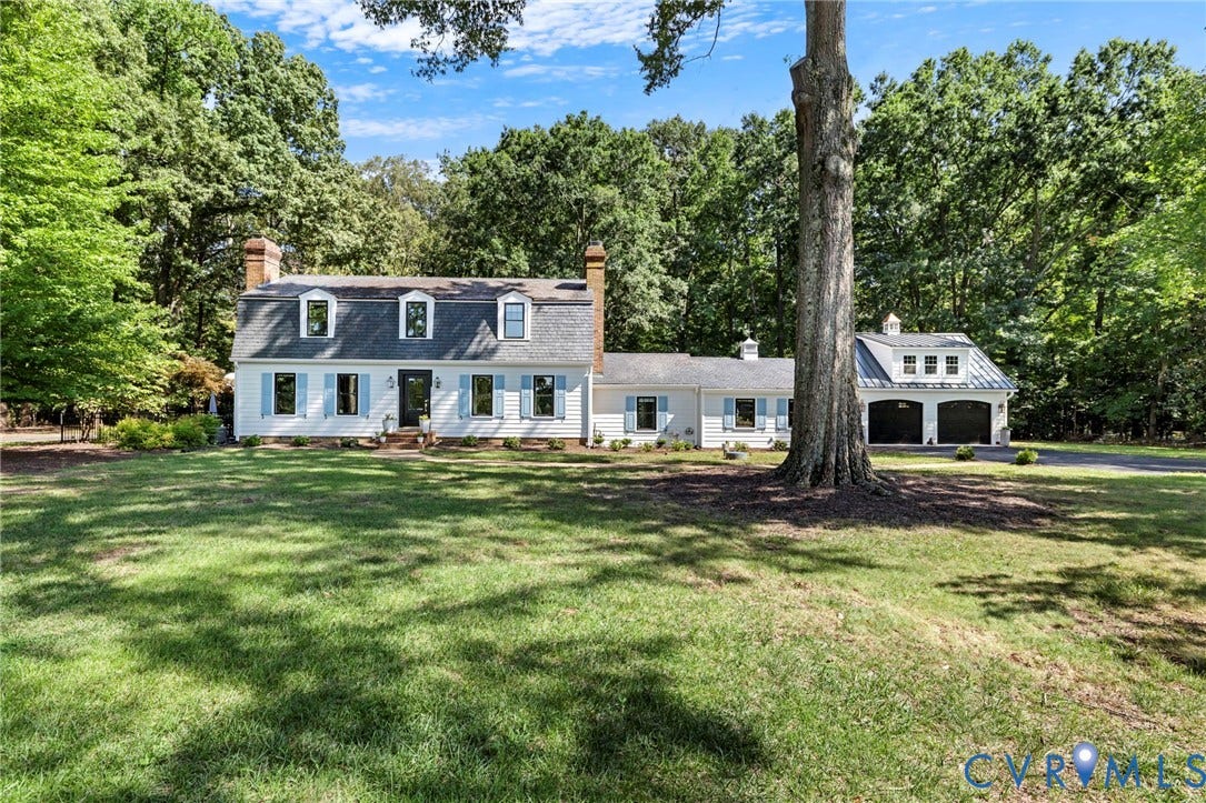 13531 W Salisbury Road, Salisbury, Midlothian, VA 23113 White exterior with light blue shutters, gambrel roof, and multiple dormer windows