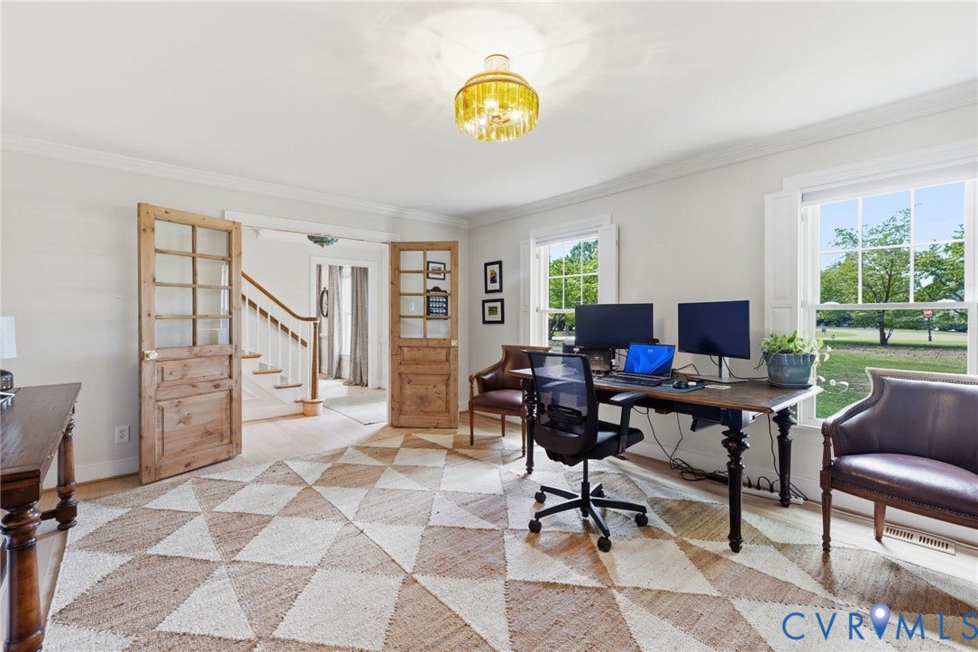 13531 W Salisbury Road, Salisbury, Midlothian, VA 23113 Double French doors with glass panels, white crown molding, recessed lighting, and large windows with exterior foliage
