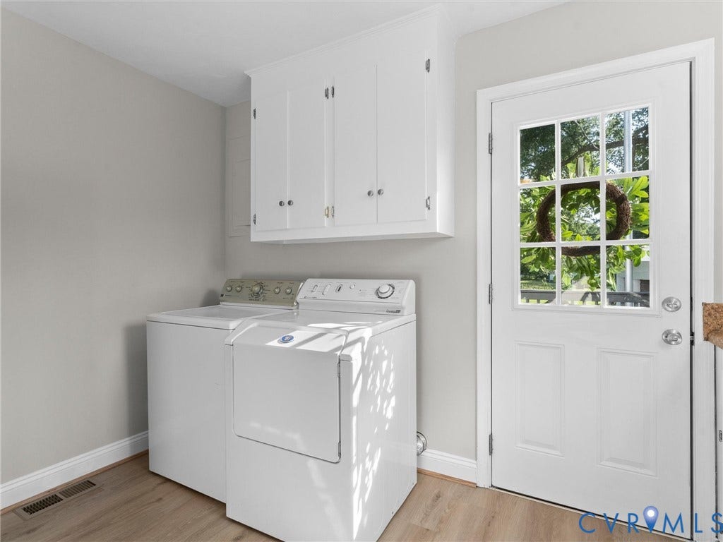4818 Castlewood Road, Richmond, VA 23234 Laundry area with wood-finish flooring, white cabinetry, and a white paneled door with divided lites