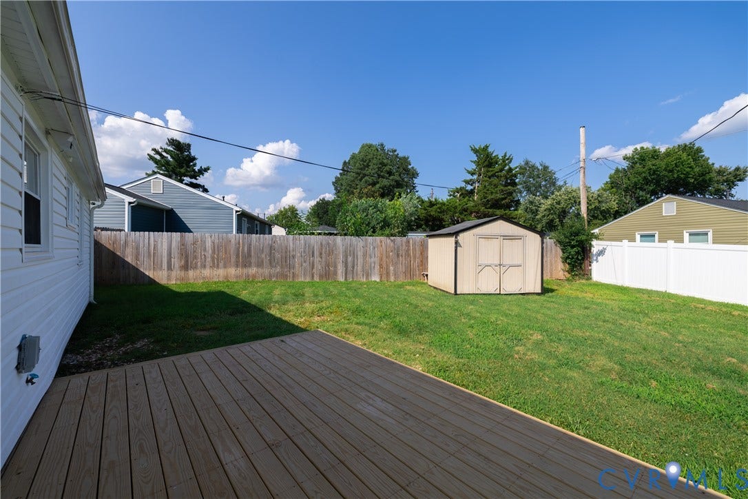 Spacious backyard with a wood deck, wood privacy fencing, and a storage shed