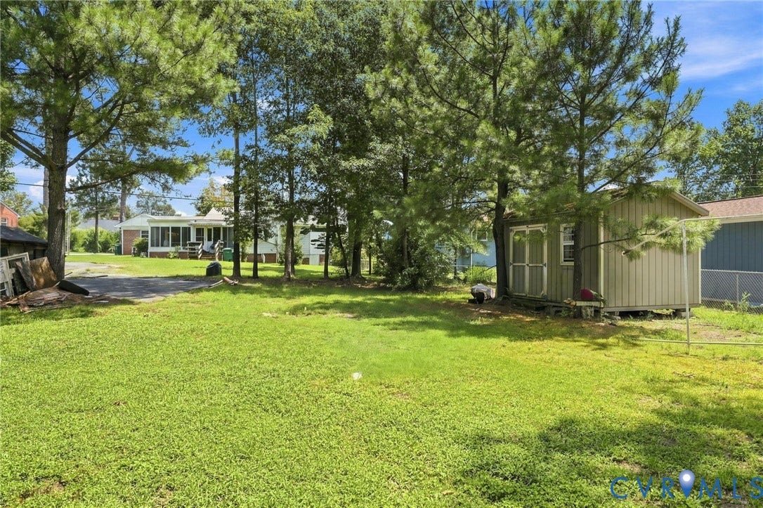 1904 Fon Du Lac Road, Henrico, VA 23229 Expansive green lawn with mature trees and a detached shed