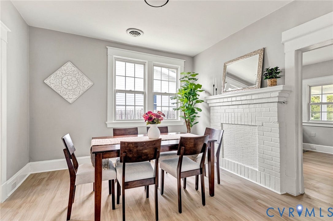 403 Masonic Lane, Masonic, Henrico, VA 23223 Wood-finish flooring throughout, featuring a white painted brick fireplace with a mantel, multiple windows, and light gray wall tones