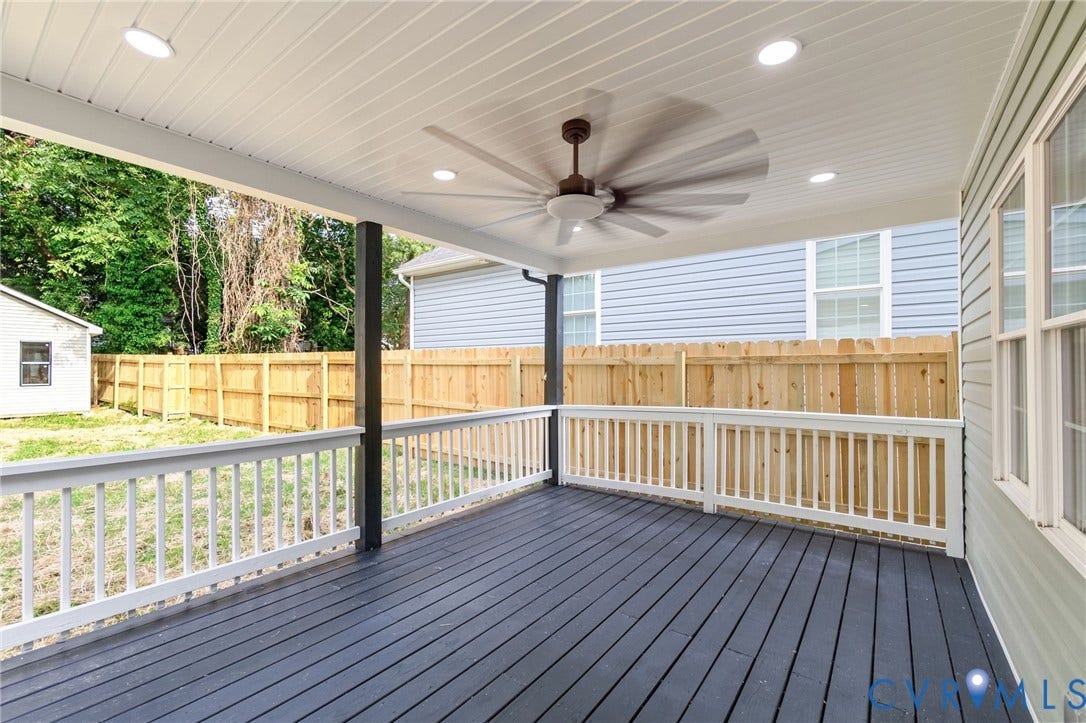 409 S Jefferson Street, Bolling, Petersburg, VA 23803 Covered outdoor deck with painted flooring, white railing, and a ceiling fan with integrated lighting