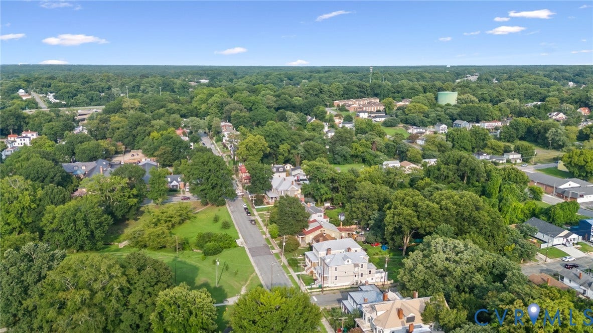 409 S Jefferson Street, Bolling, Petersburg, VA 23803 Aerial view showcasing this established residential neighborhood featuring mature tree-lined streets, generous lot sizes, and a mix of architectural styles