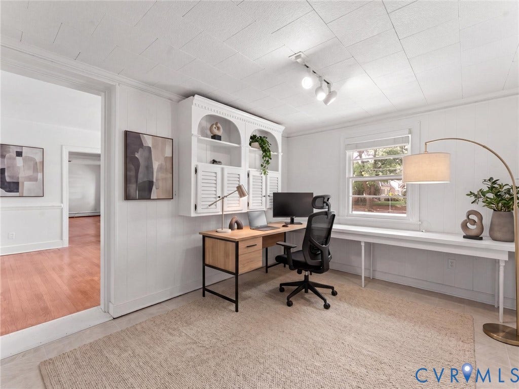 4608 Grove Avenue, Mary Munford, Richmond, VA 23226 Virtually staged. Office has built-in shelving, desk and vinyl flooring.