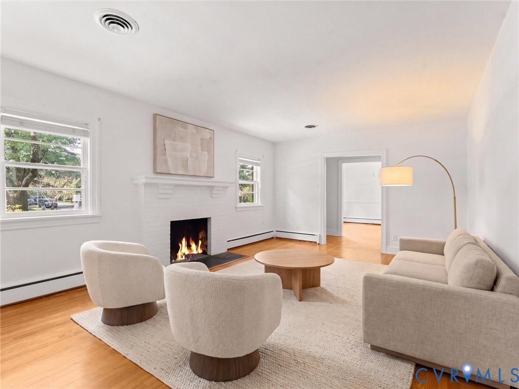 4608 Grove Avenue, Mary Munford, Richmond, VA 23226 Virtually staged - Bright living room with brick fireplace.
