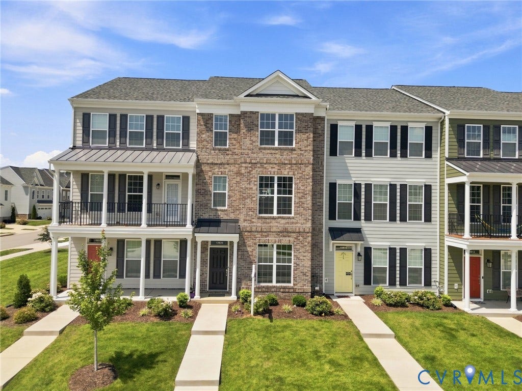 13820 Village View Drive, Midlothian, VA 23114 Brick and siding exterior with dark shutters, multiple windows, and covered entryways