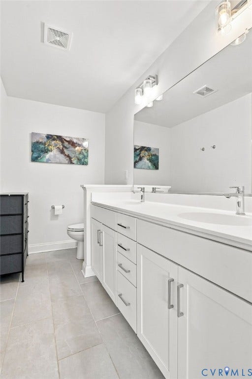 13820 Village View Drive, Midlothian, VA 23114 Dual vanity featuring white cabinetry, integrated sinks, chrome hardware, and a large wall-mounted mirror