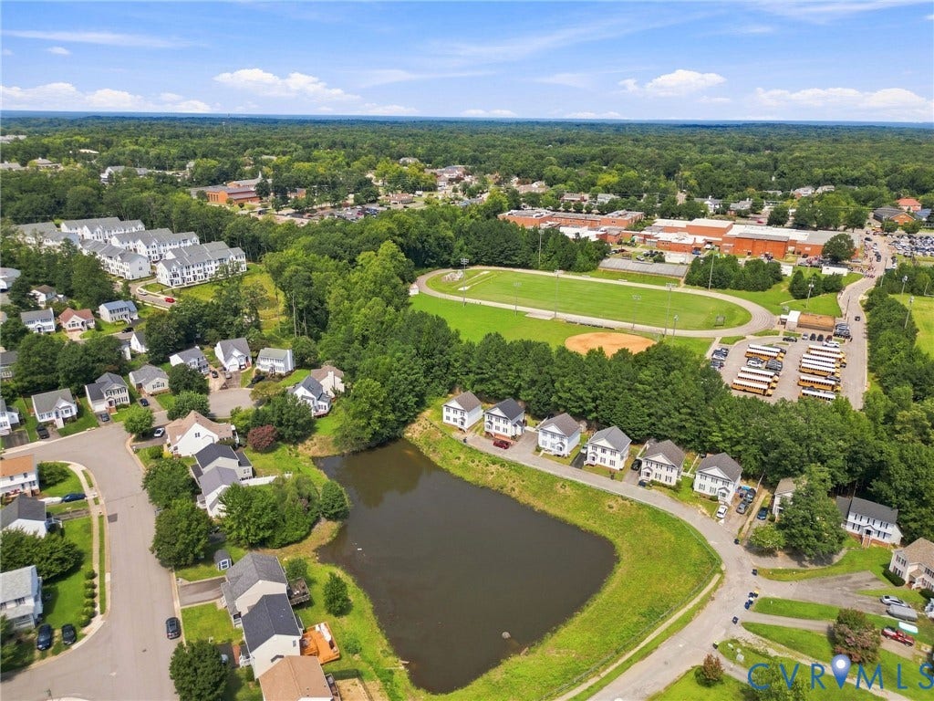 13820 Village View Drive, Midlothian, VA 23114 Neighborhood setting featuring a large pond, extensive green spaces, a sports field, and a track