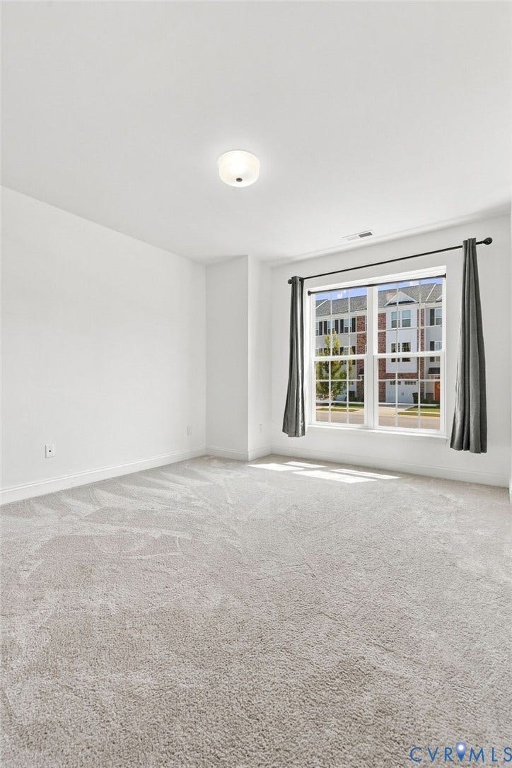 13820 Village View Drive, Midlothian, VA 23114 Neutral-toned carpeting, white walls, flush mount ceiling light, and a window with dark curtain rods