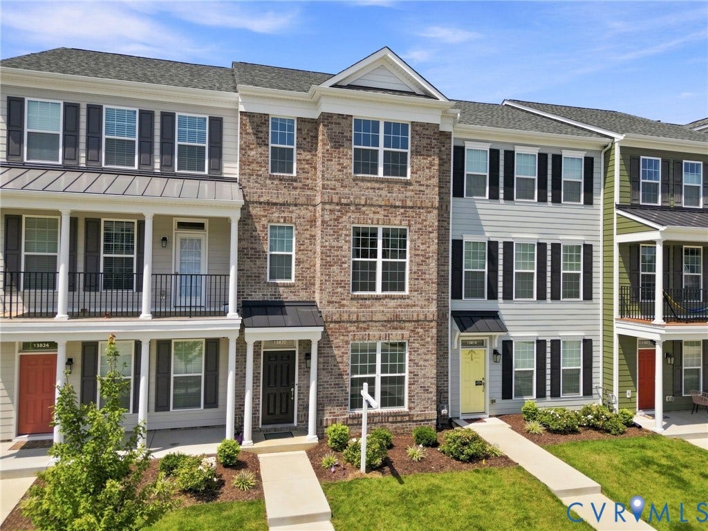13820 Village View Drive, Midlothian, VA 23114 Brick facade, multi-story townhouse, covered entry, black shutters, and well-maintained landscaping