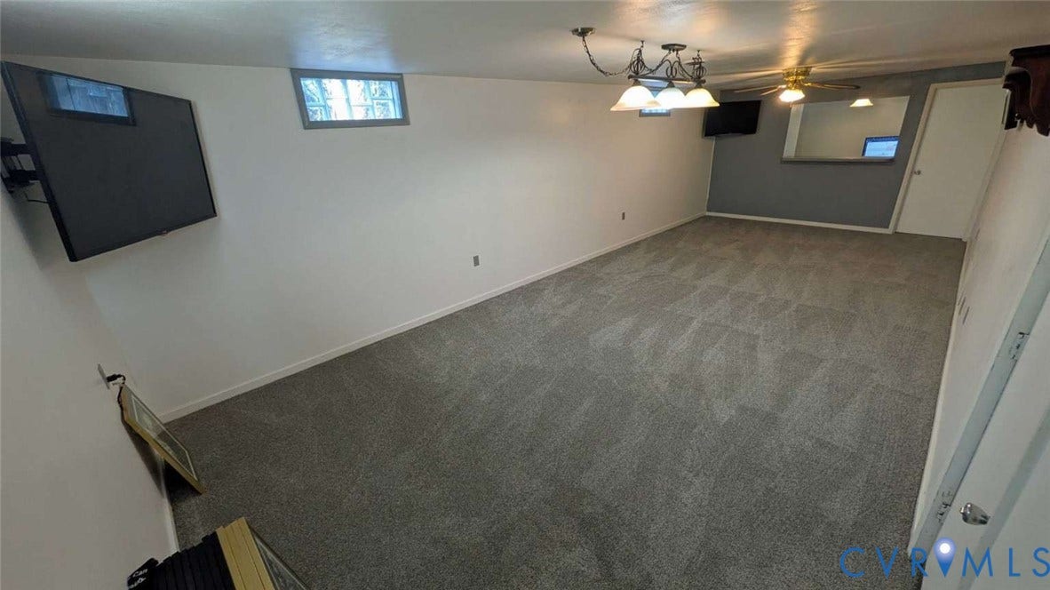 12853 Holly Lane, Manakin Sabot, VA 23103 Spacious room featuring gray patterned carpeting, white walls, a single glass block window, and a multi-light ceiling fixture with a ceiling fan