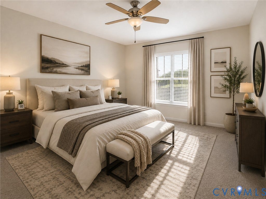 Recessed lighting with a ceiling fan, window with blinds and drapes, and plush carpeting. virtually staged