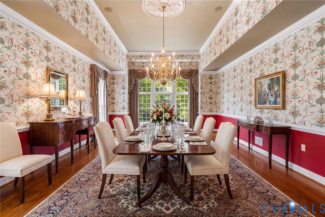 2365 Manakintown Ferry Road, Powhatan, VA 23113 Hardwood flooring, decorative crown molding, chandelier lighting fixture, accent wallpaper, and window treatments
