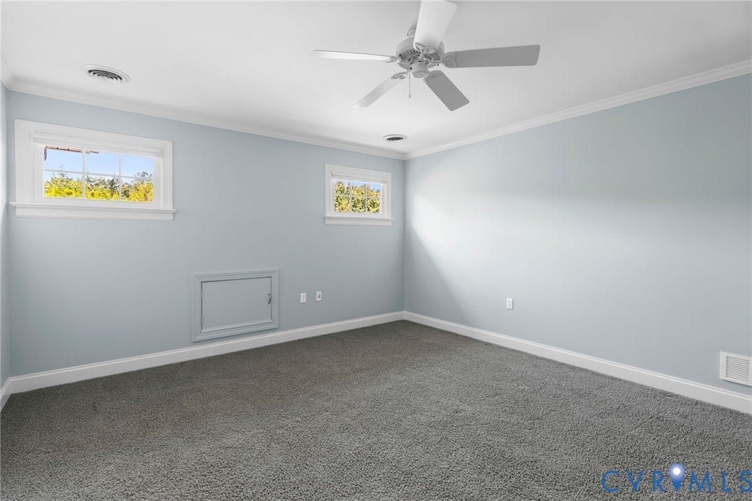 2365 Manakintown Ferry Road, Powhatan, VA 23113 Recessed lighting, two windows, crown molding, ceiling fan, and carpeted flooring
